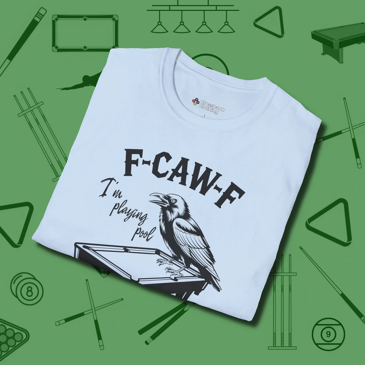 F-CAW-F Crow T-Shirt, folded view, in Light Blue classic cue style, no gimmicks