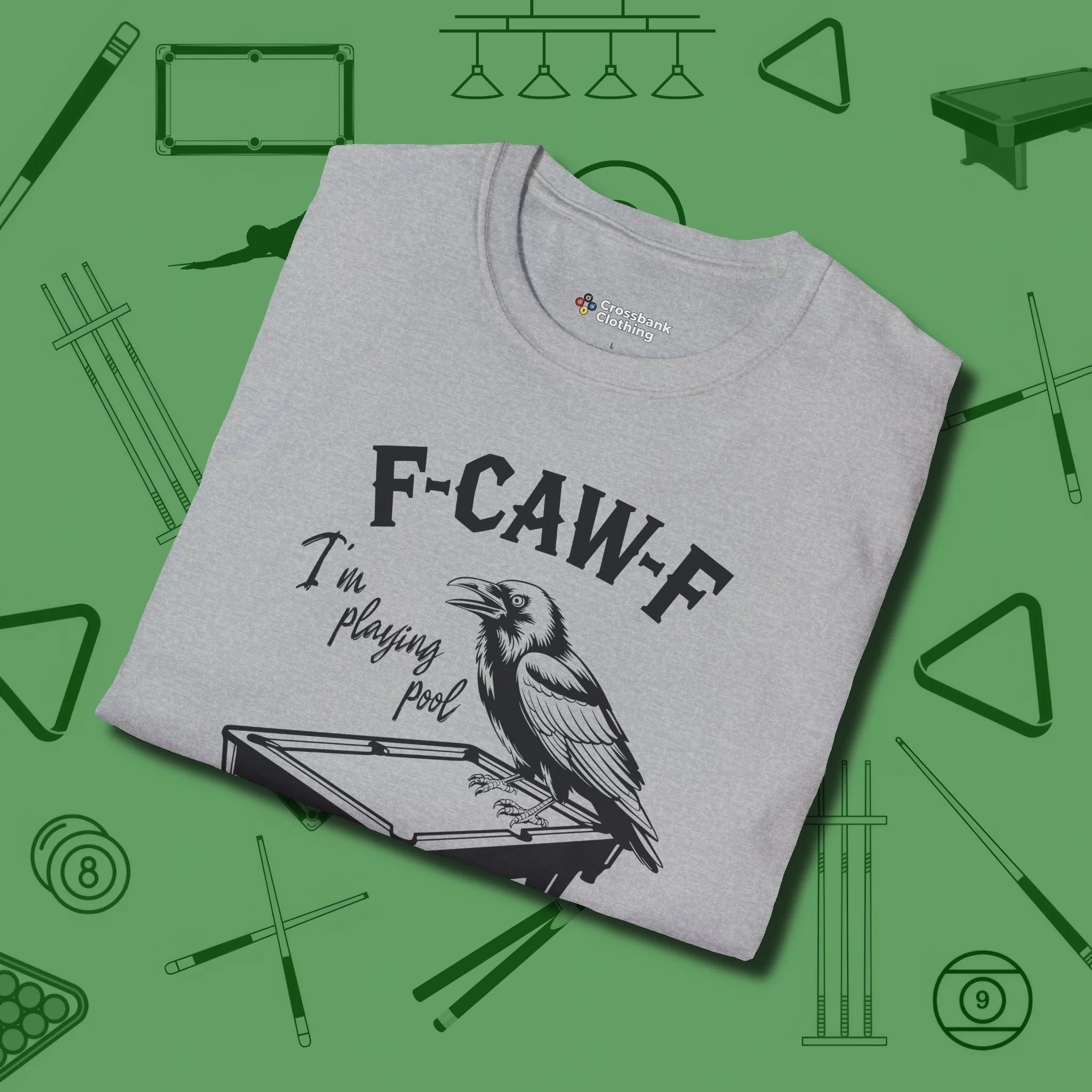 F-CAW-F Crow T-Shirt, folded view, in Sport Grey break, run out, turn heads — repeat