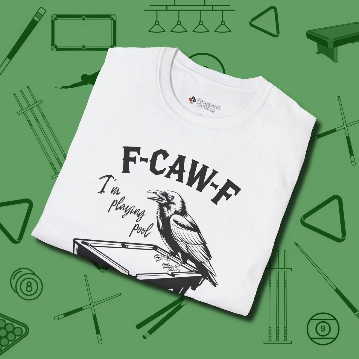 F-CAW-F Crow T-Shirt, folded view, in White where style and cue discipline collide
