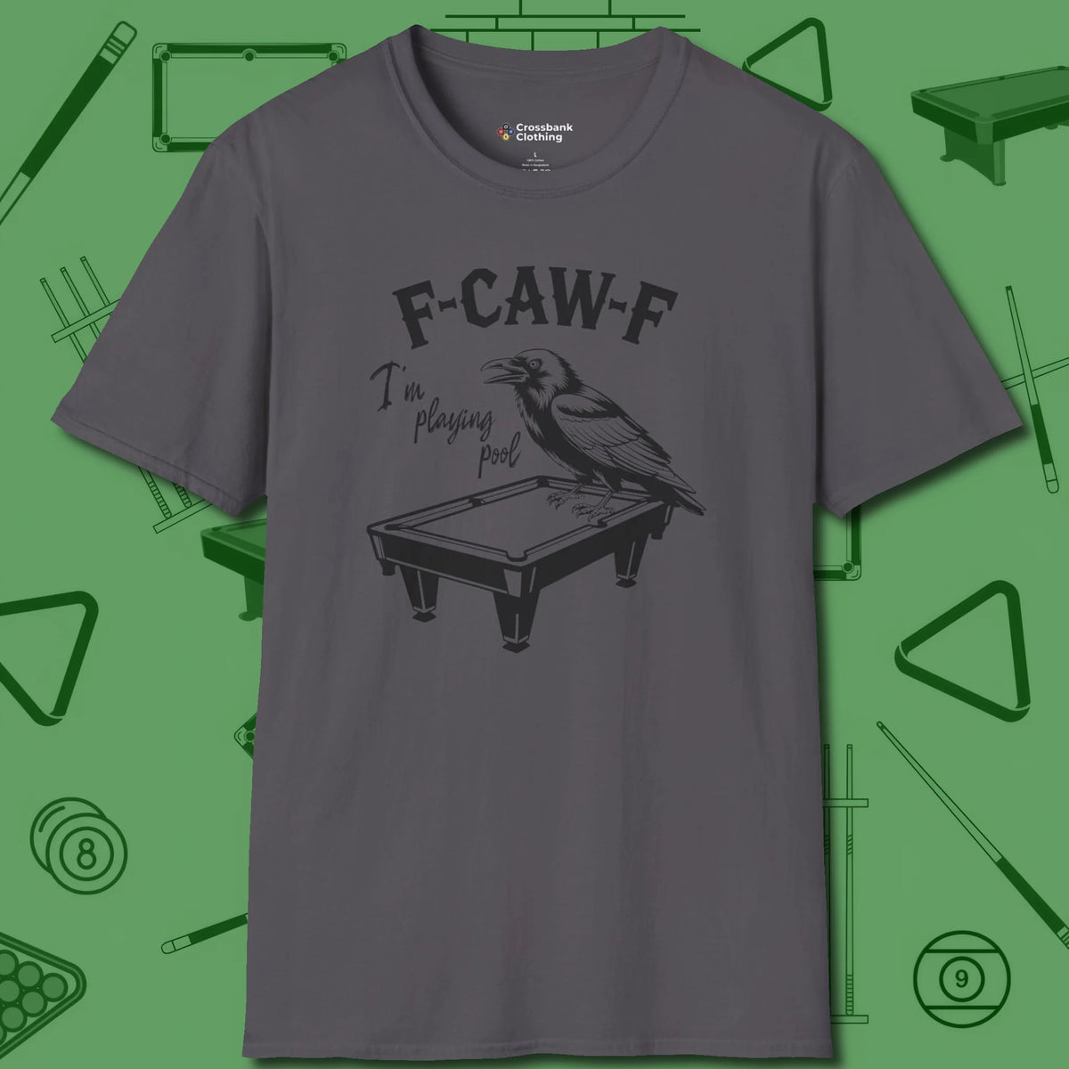 F-CAW-F Crow T-Shirt, front view, in Charcoal stitched for cue discipline and cool confidence