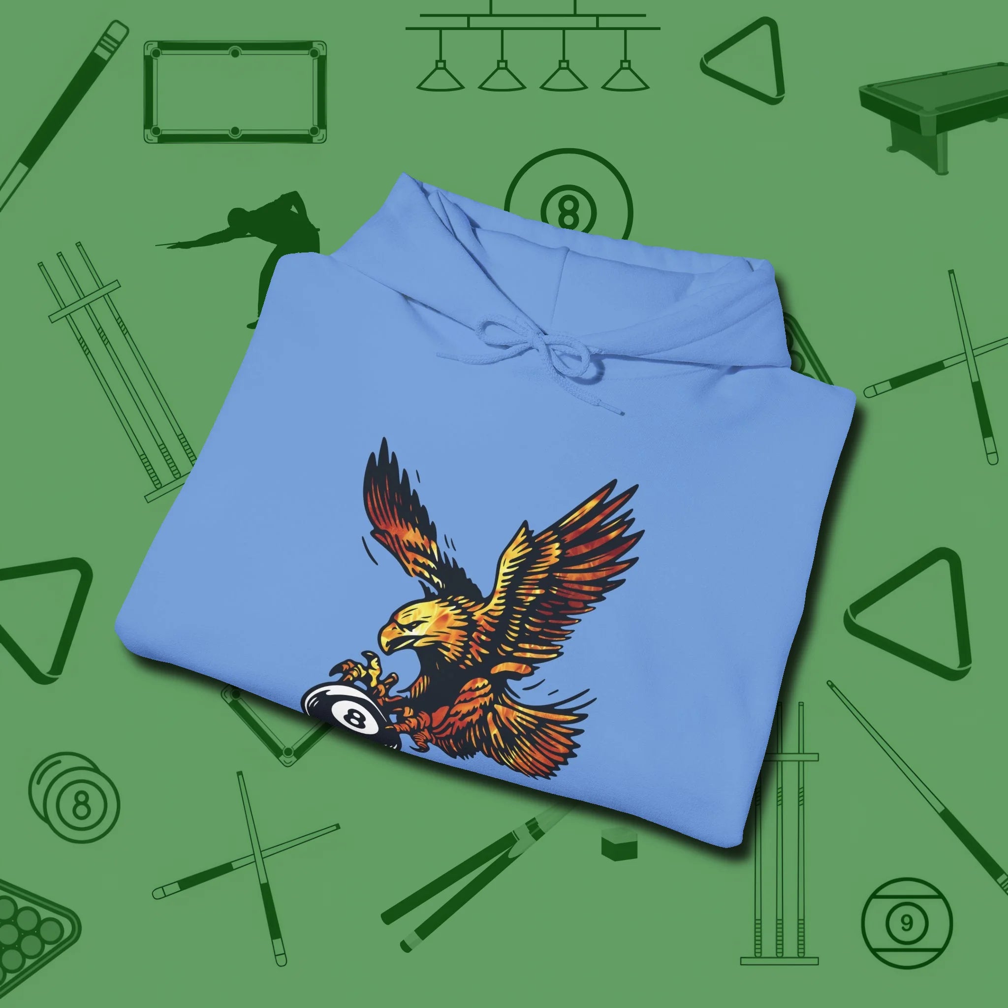 Fire Eagle Hoodie, folded view, in Carolina Blue for hustlers who keep it honest
