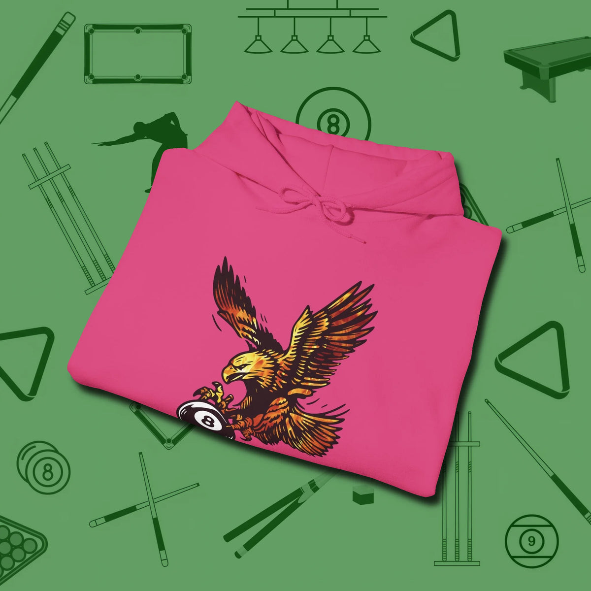 Fire Eagle Hoodie, folded view, in Heliconia because pool isn’t just a game — it’s who you are