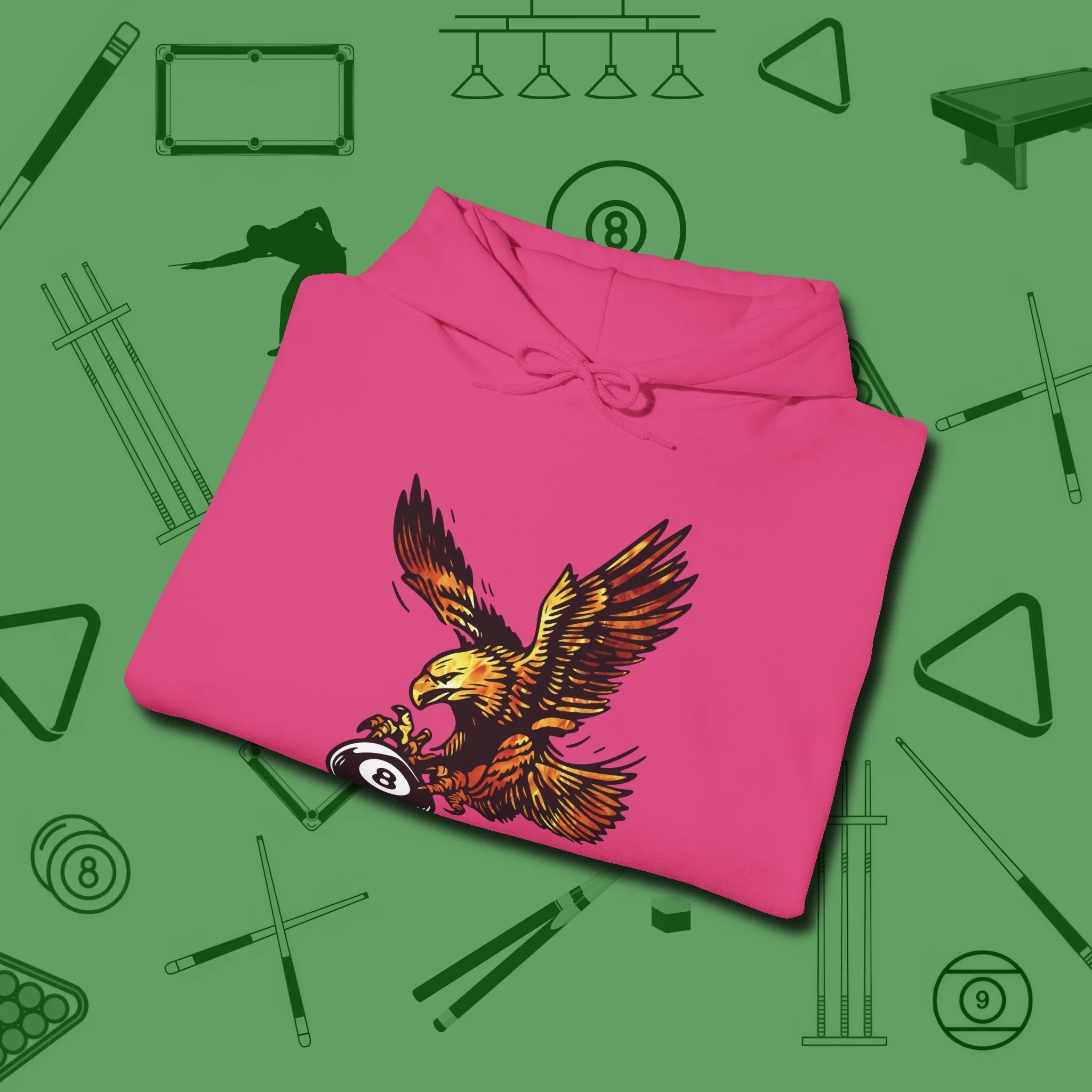 Fire Eagle Hoodie, folded view, in Heliconia because pool isn’t just a game — it’s who you are
