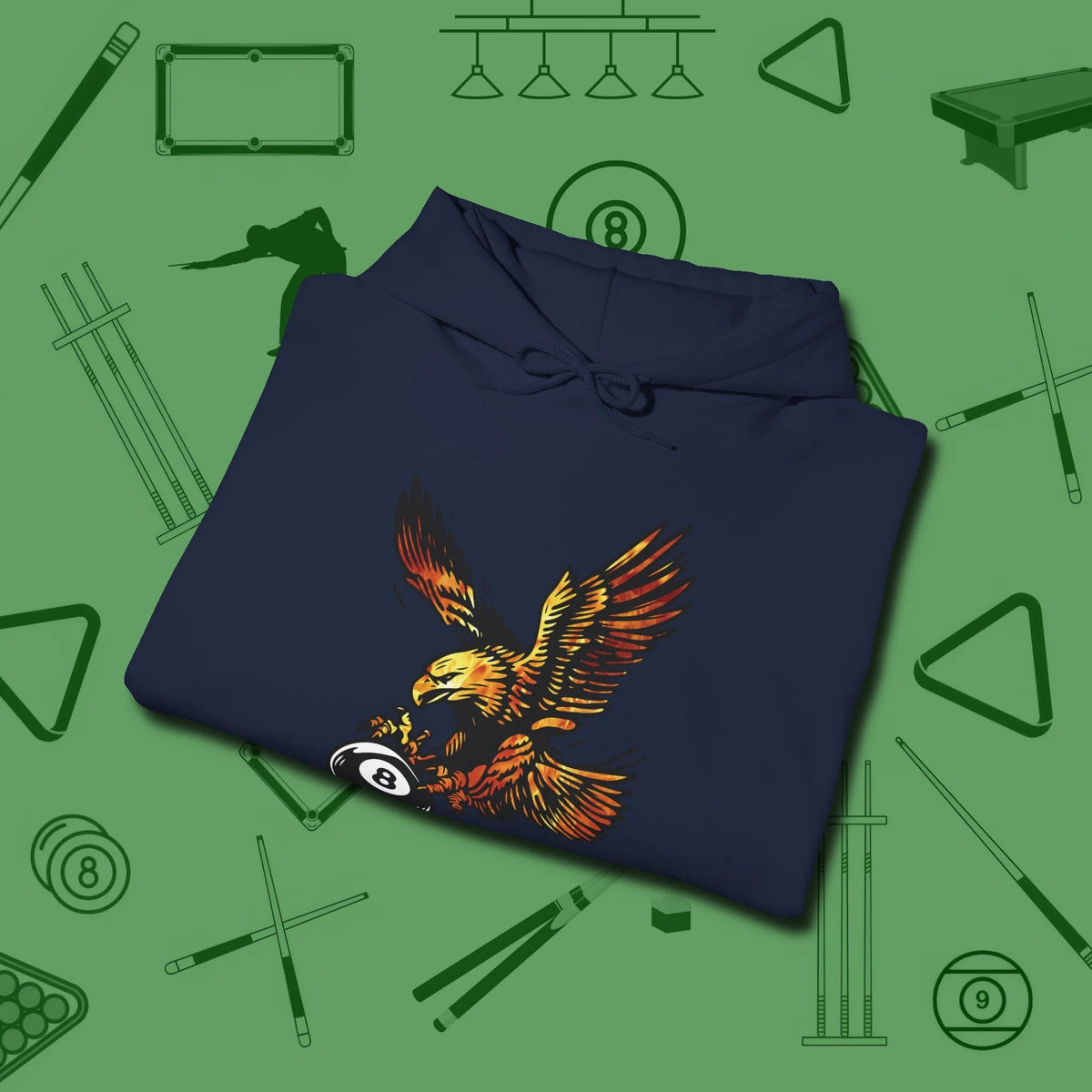 Fire Eagle Hoodie, folded view, in Navy subtle drip for serious shooters