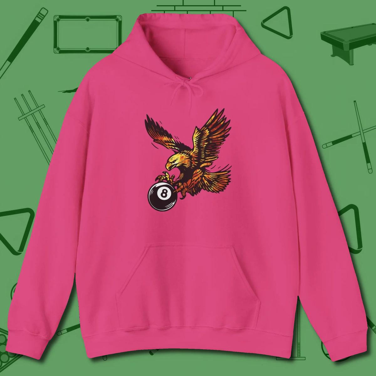 Fire Eagle Hoodie, front view, in Heliconia designed for dead stroke and deadpan looks
