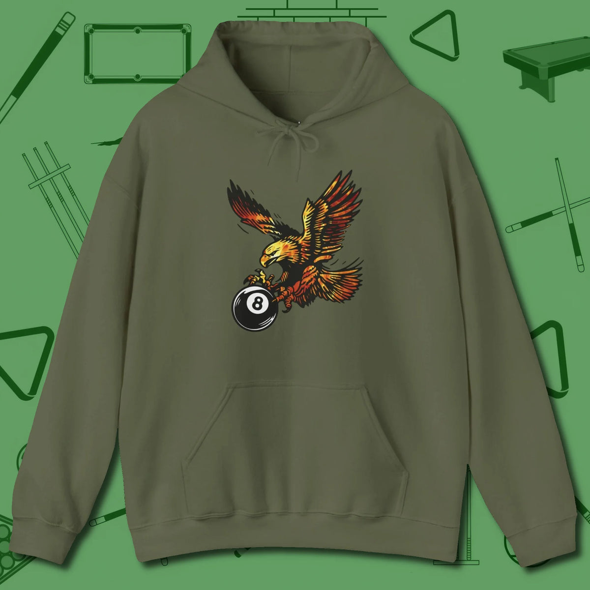 Fire Eagle Hoodie, front view, in Military Green your go-to shirt for league night victories