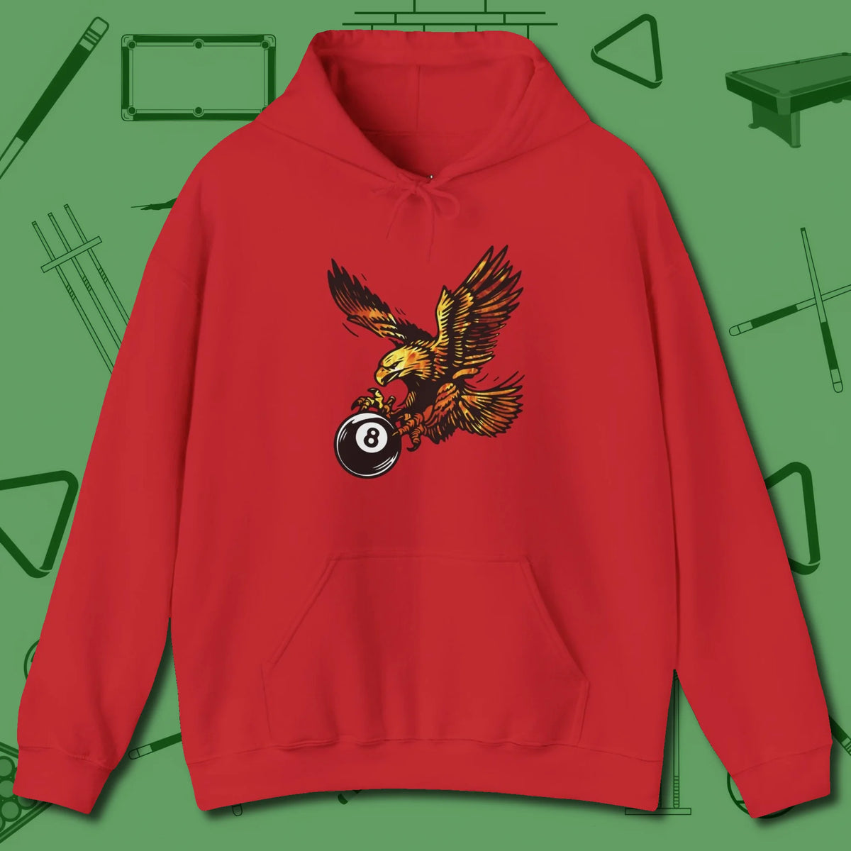 Fire Eagle Hoodie, front view, in Red where style and cue discipline collide