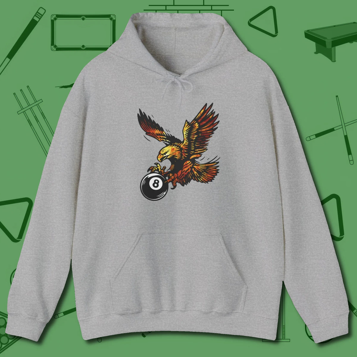 Fire Eagle Hoodie, front view, in Sport Grey break, run out, turn heads — repeat