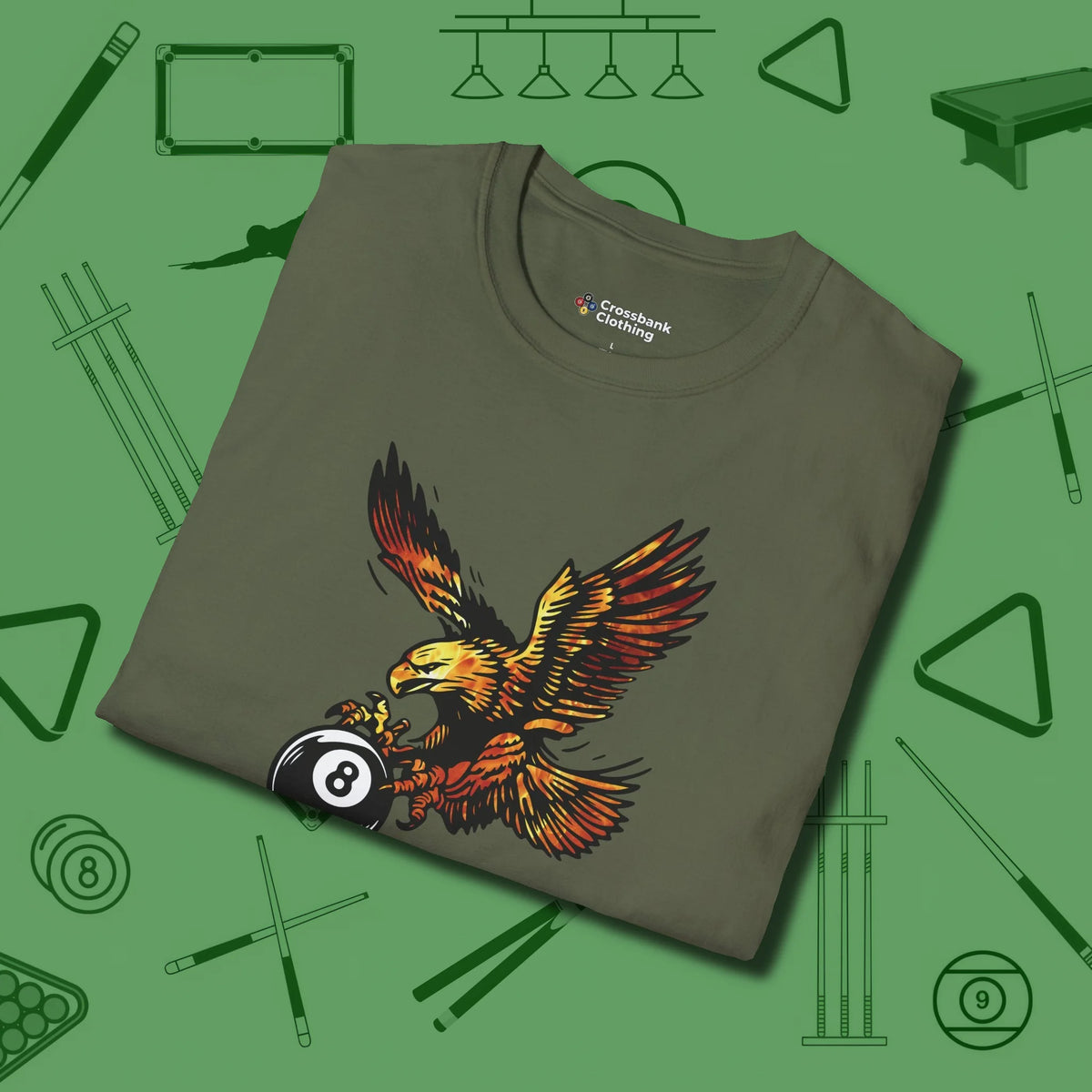 Fire Eagle T-Shirt, folded view, in Military Green for hustlers who keep it honest