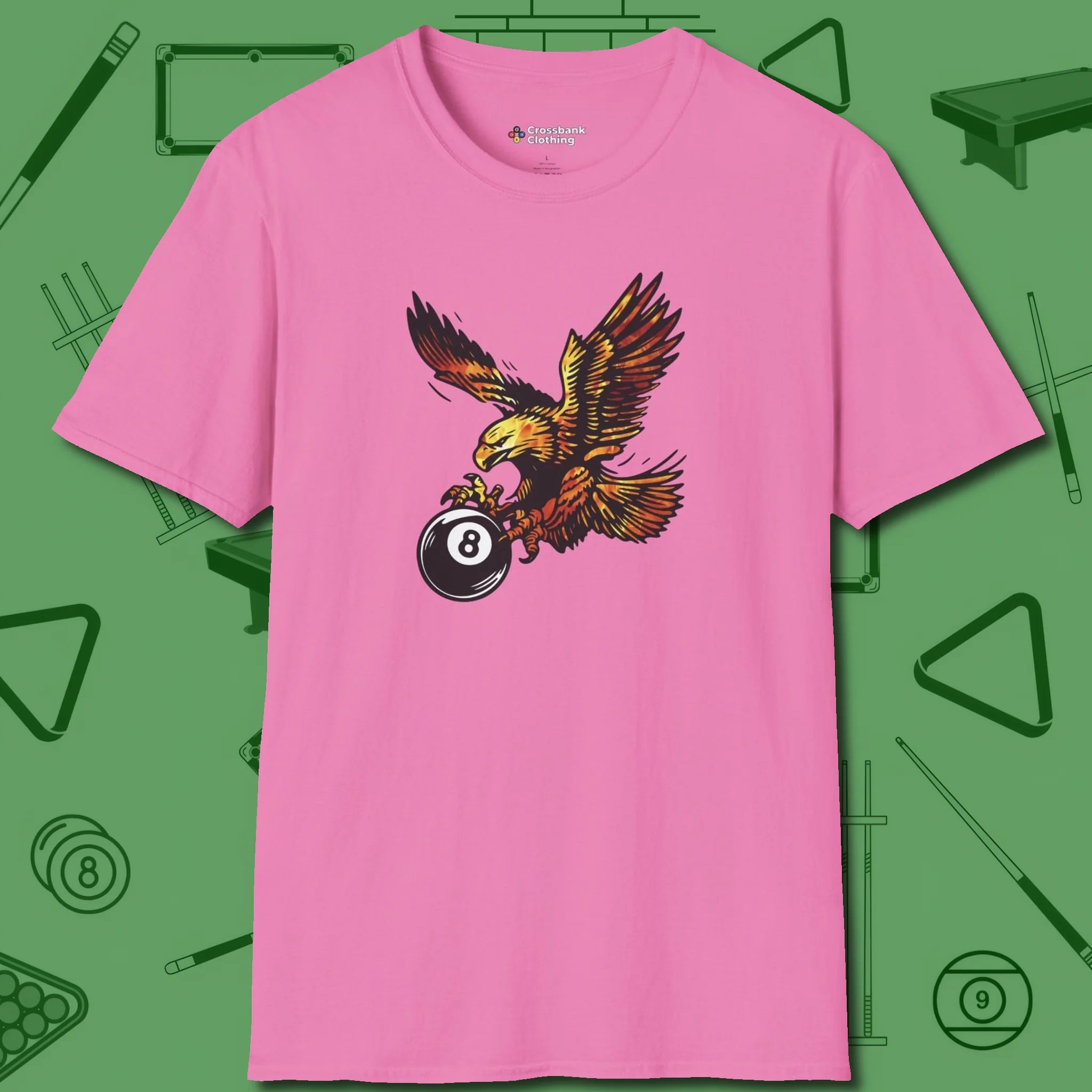 Fire Eagle T-Shirt, front view, in Azalea tough like your favorite break cue
