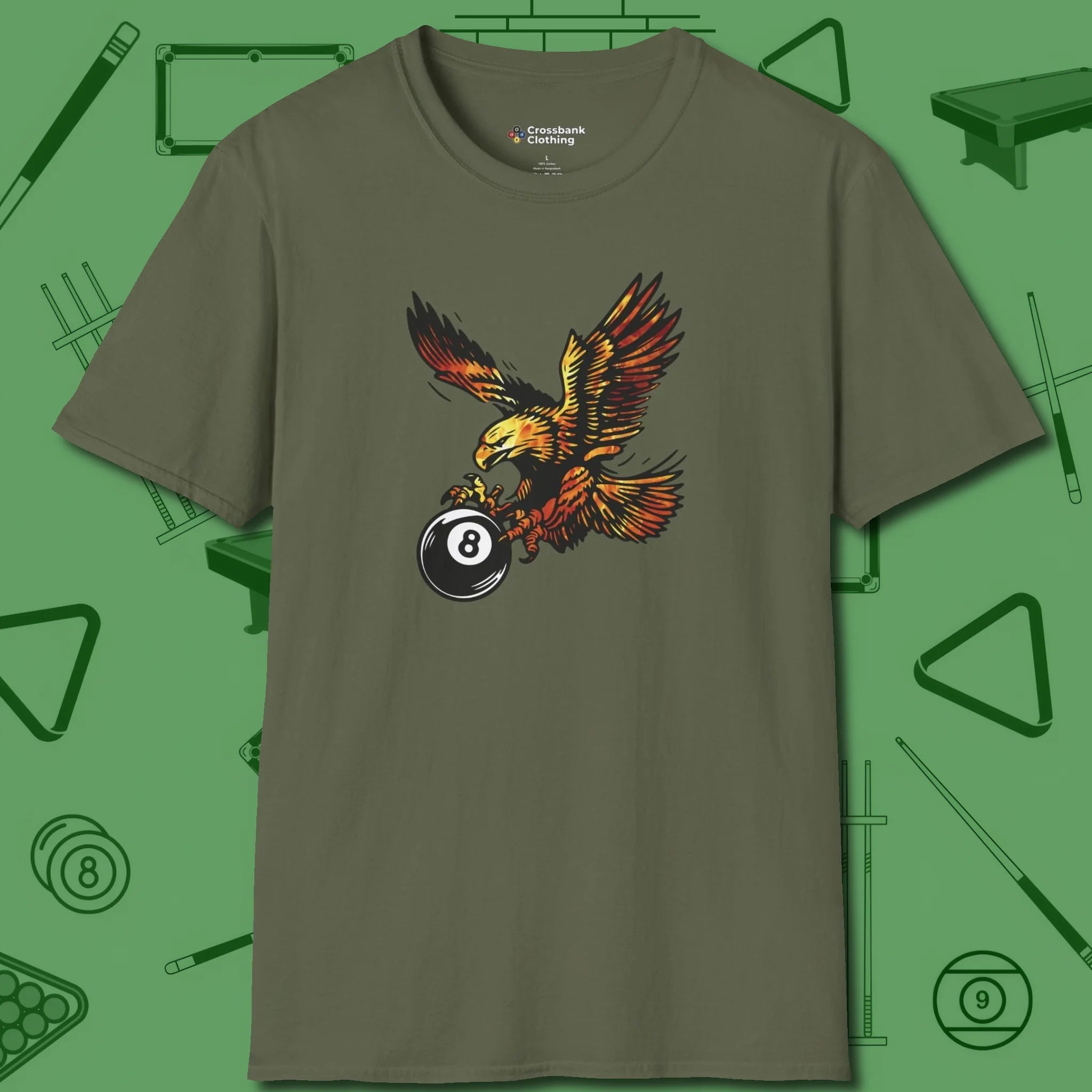 Fire Eagle T-Shirt, front view, in Military Green what champions wear between racks