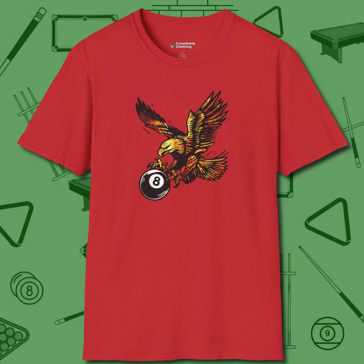 Fire Eagle T-Shirt, front view, in Red where style and cue discipline collide