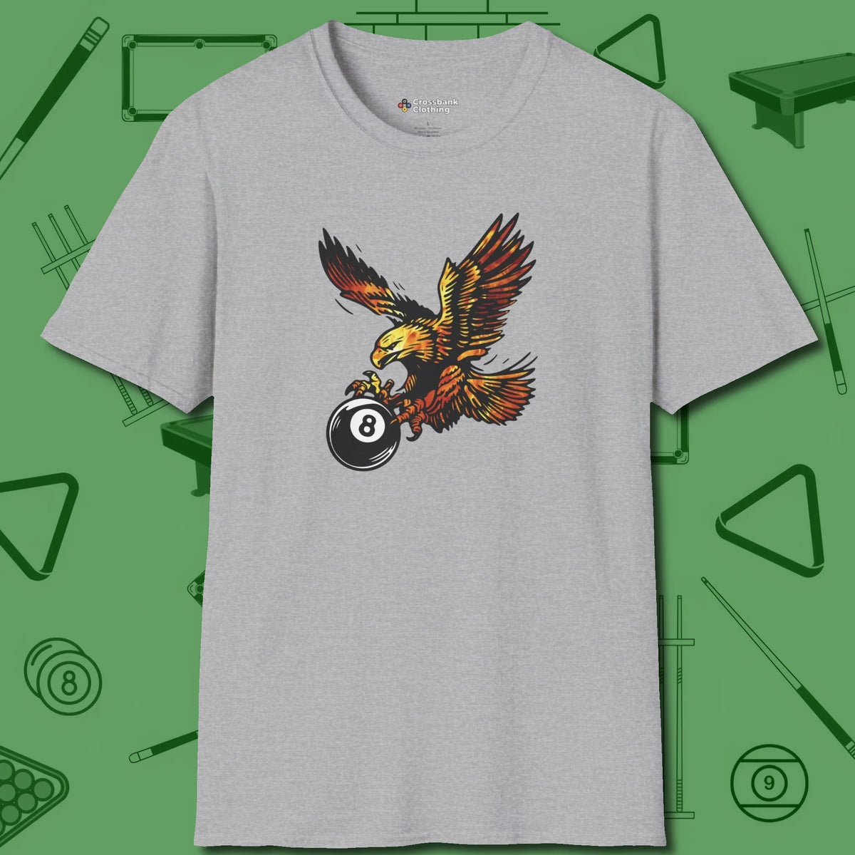 Fire Eagle T-Shirt, front view, in Sport Grey where cue control meets personal style