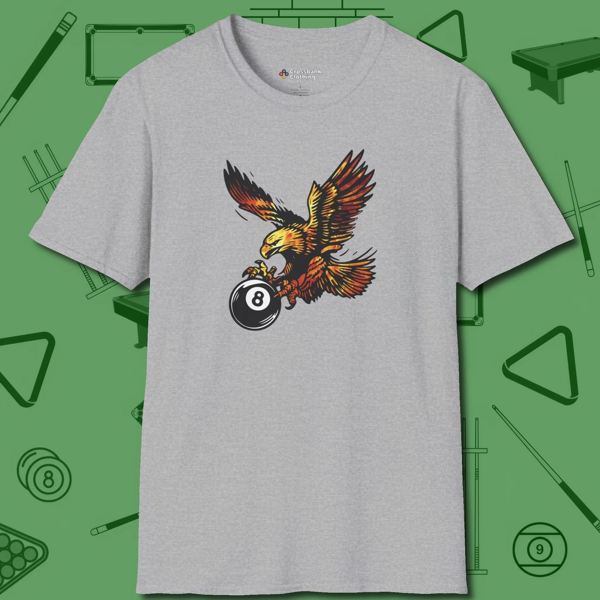 Fire Eagle T-Shirt, front view, in Sport Grey where cue control meets personal style