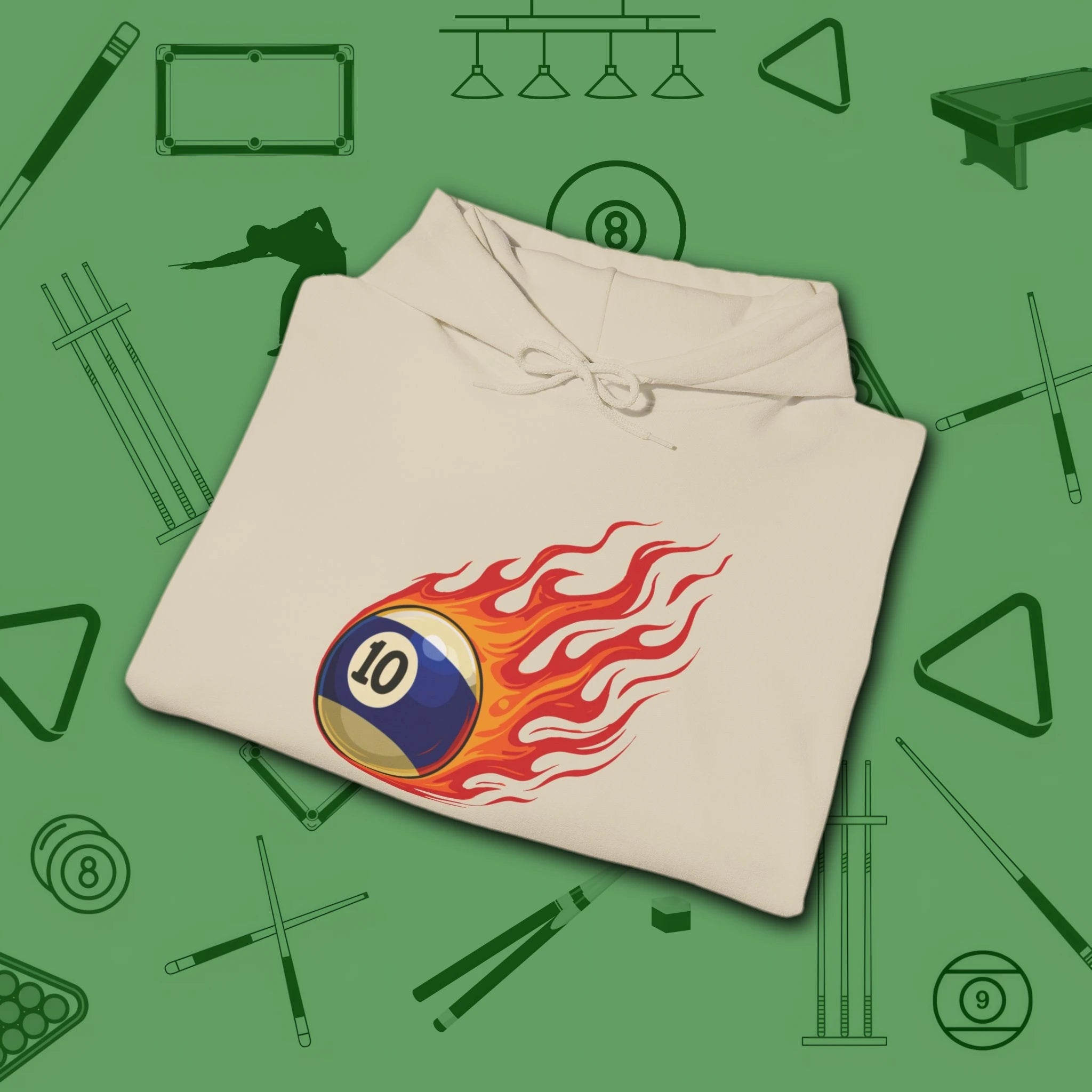 Firestorm Break Hoodie, in Sand color, billiards shirt, folded view