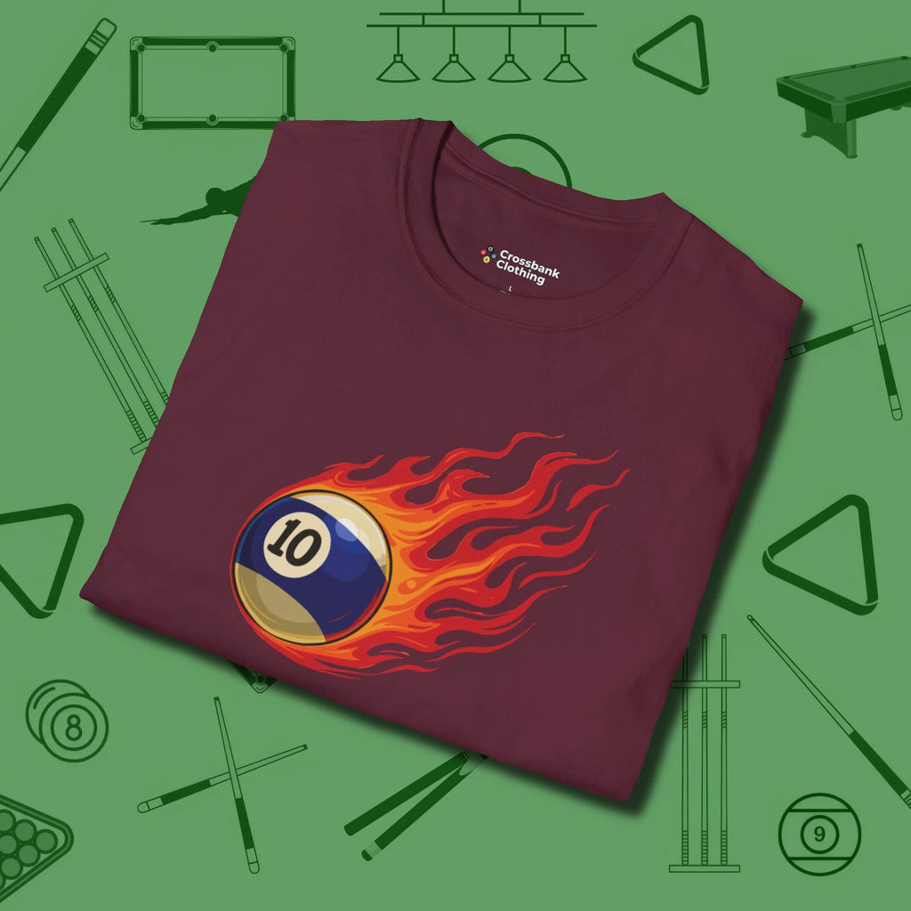 Firestorm Break T-Shirt, in Maroon color, billiards shirt, folded view