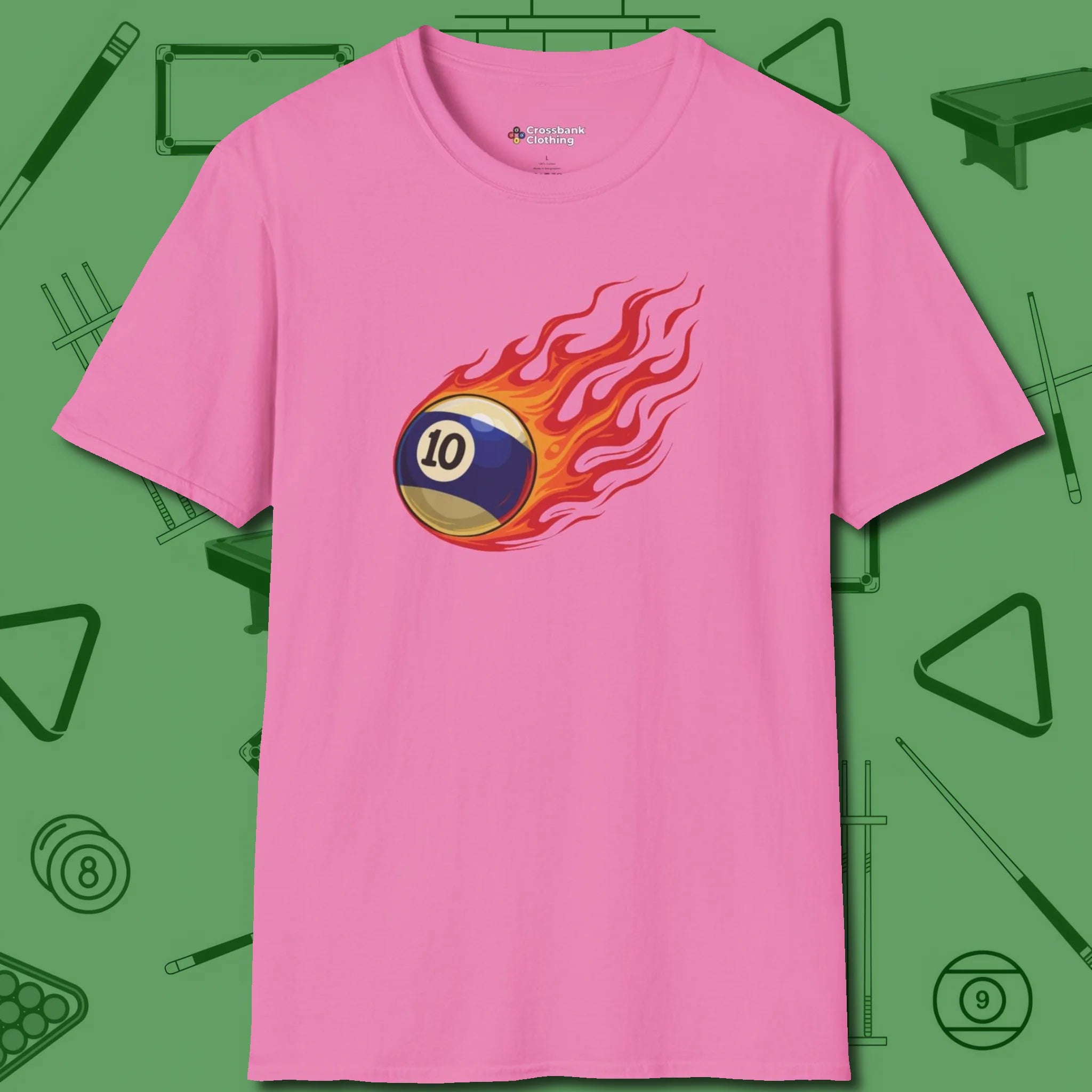 Firestorm Break T-Shirt, in Azalea color, billiards shirt, front view