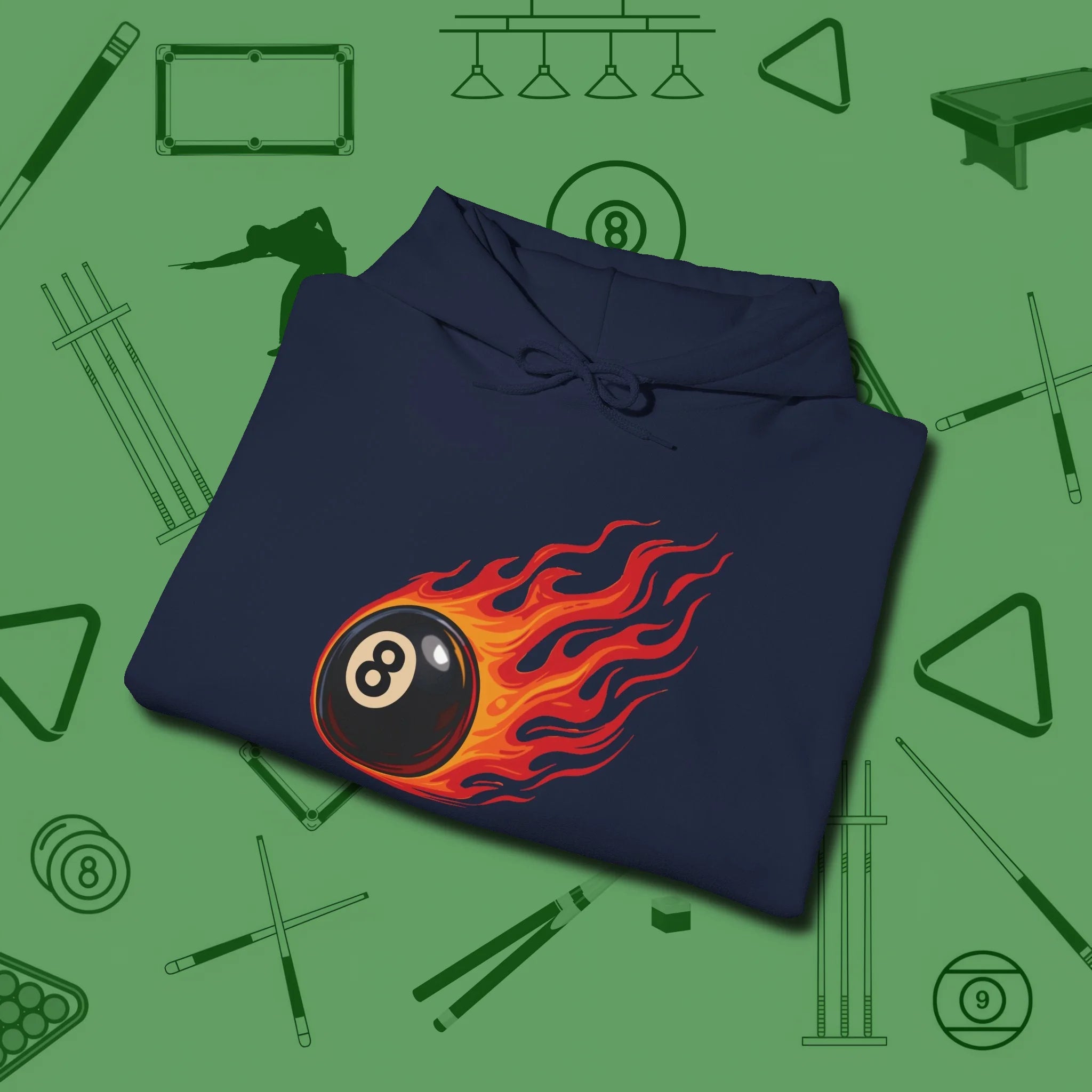 Firestorm Break Hoodie, in Navy color, billiards shirt, folded view