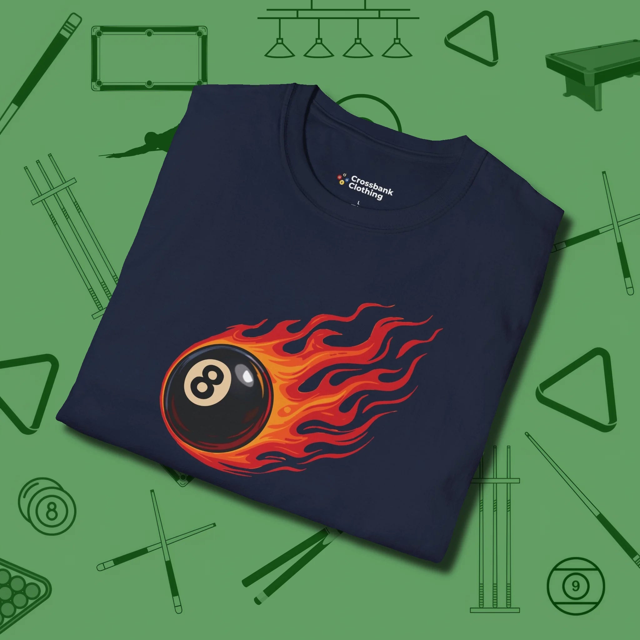 Firestorm Break T-Shirt, in Navy color, billiards shirt, folded view