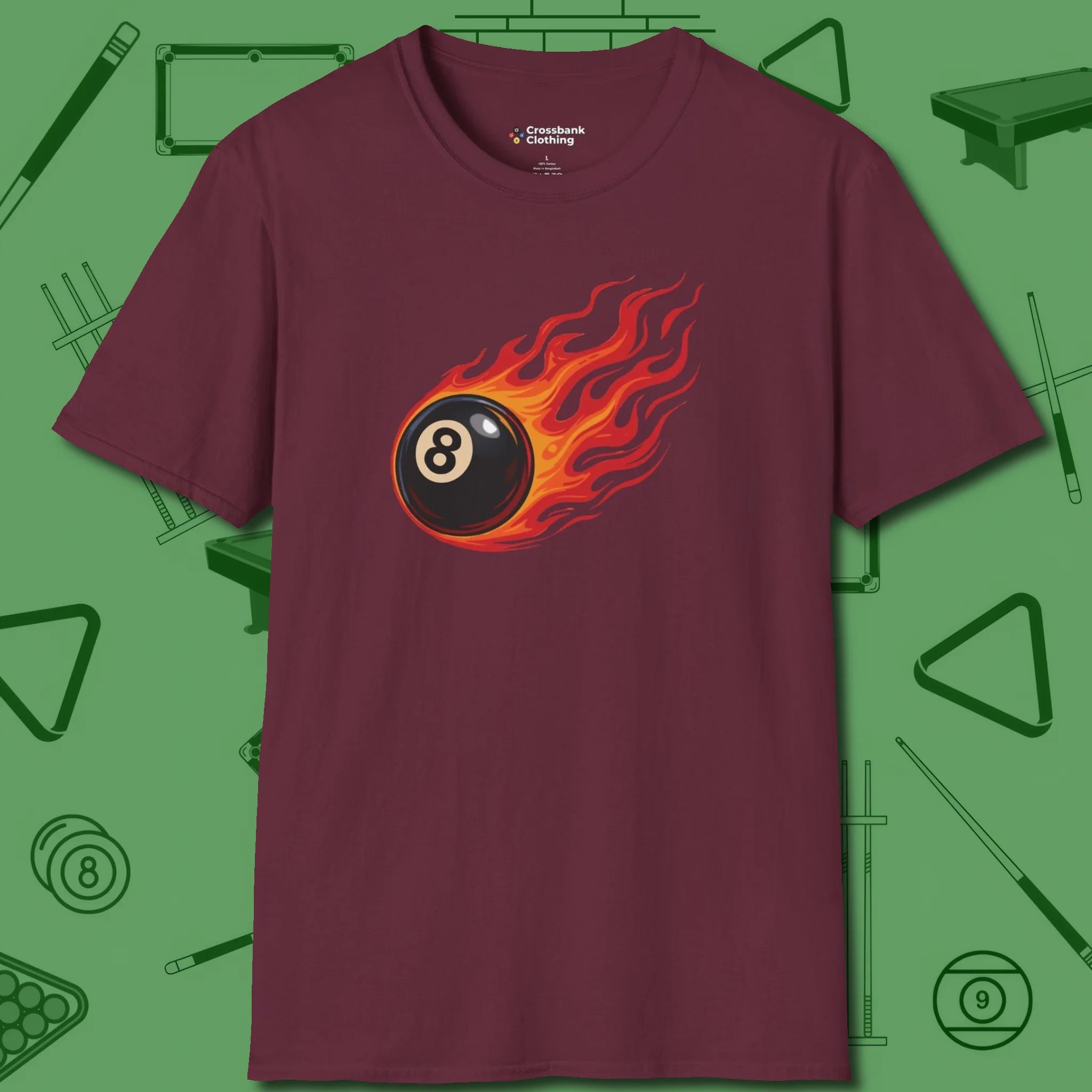 Firestorm Break T-Shirt, in Maroon color, billiards shirt, front view