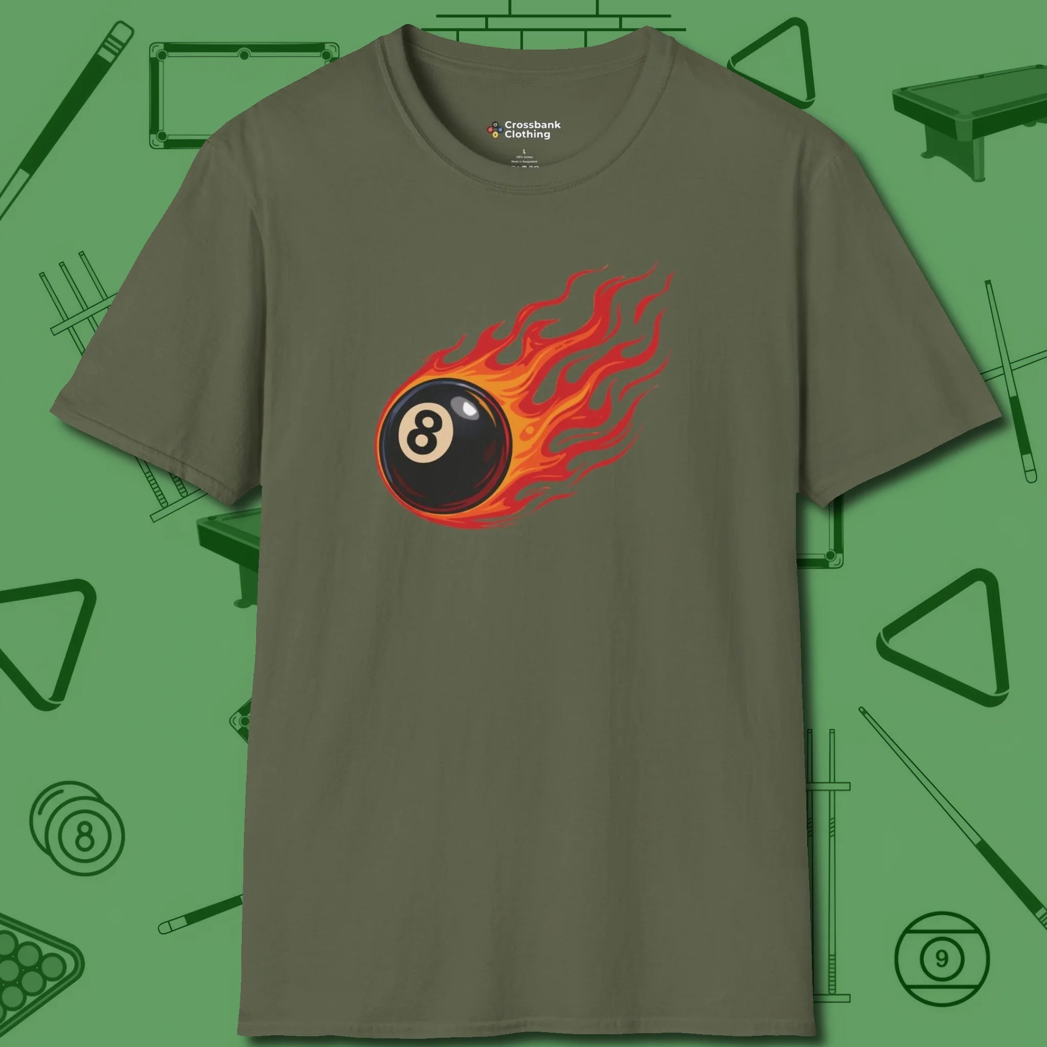 Firestorm Break T-Shirt, in Military Green color, billiards shirt, front view