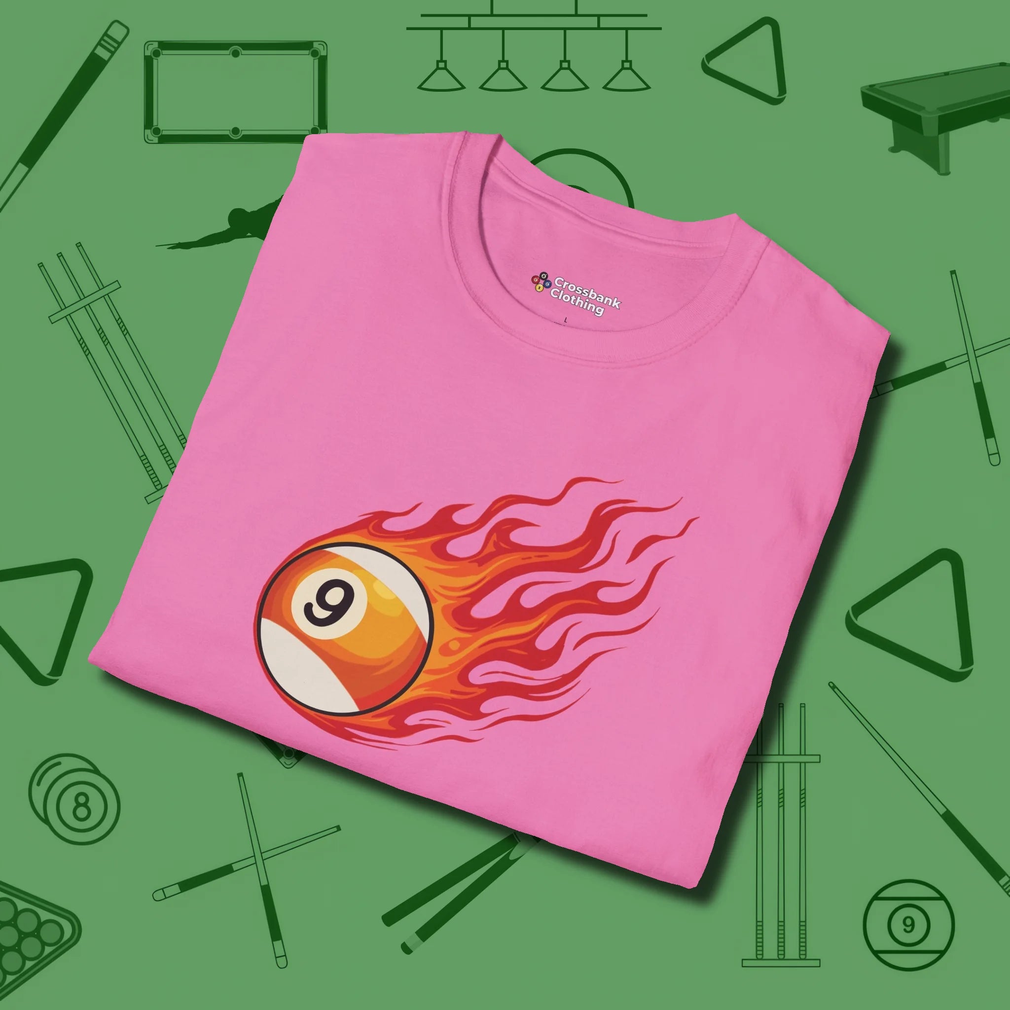 Firestorm Break T-Shirt, in Azalea color, billiards shirt, folded view