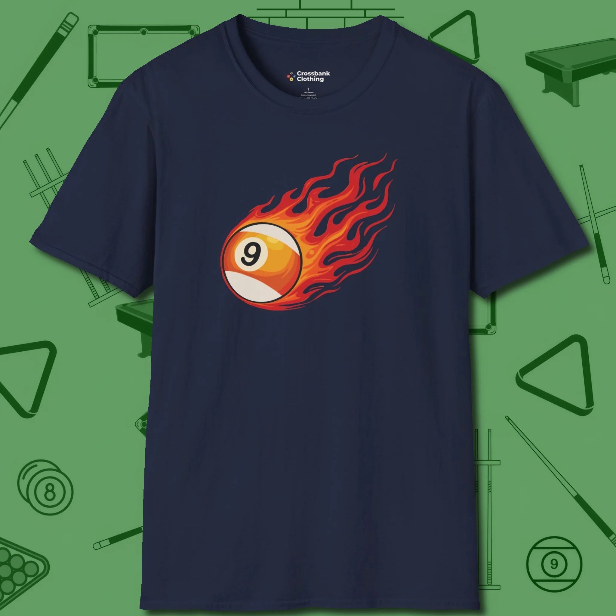 Firestorm Break T-Shirt, in Navy color, billiards shirt, front view