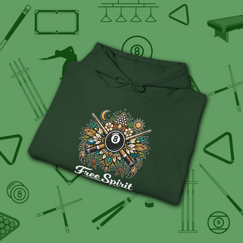 Free Spirit Billiards Hoodie, in Forest Green color, pool hoodie, folded view