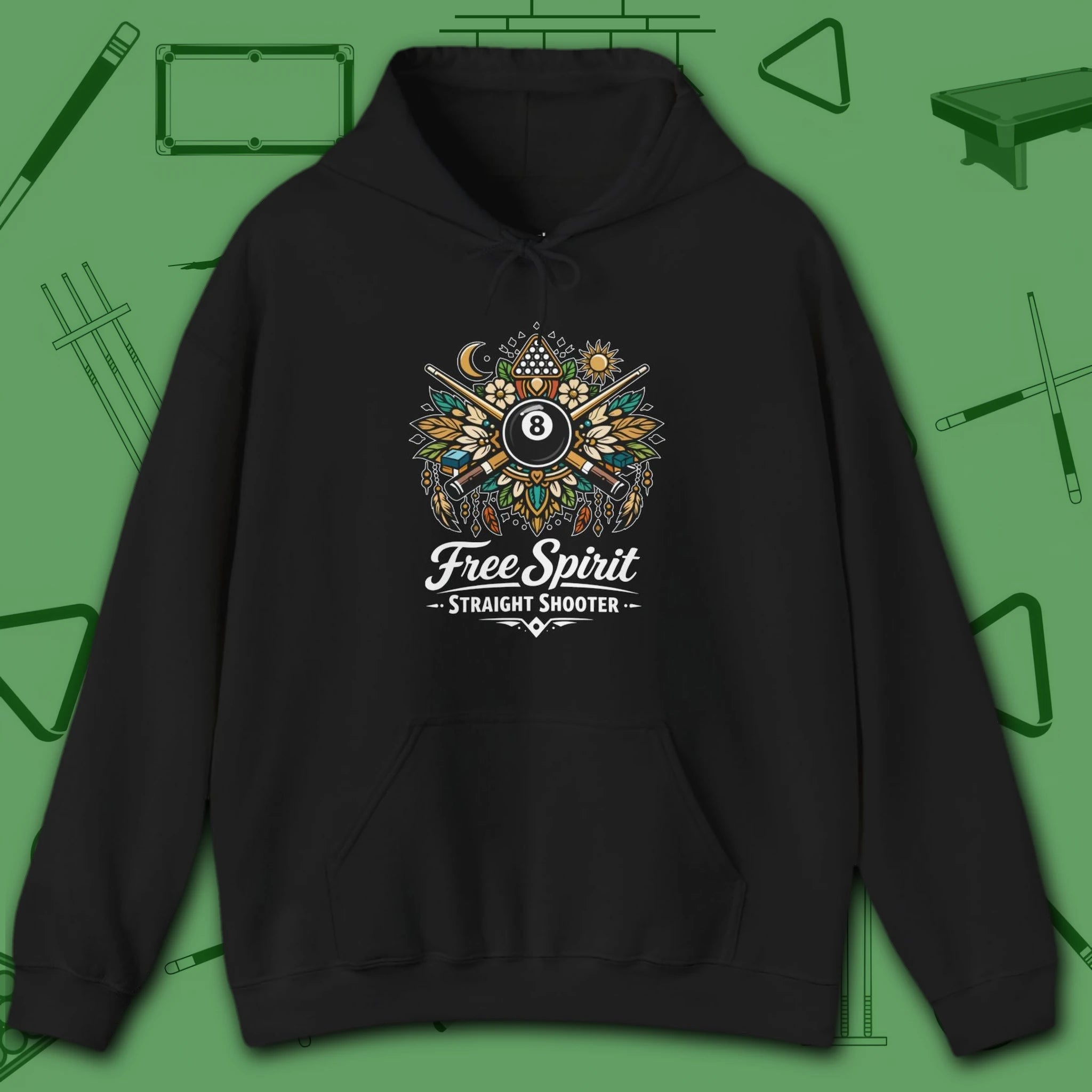 Free Spirit Billiards Hoodie, in Black color, pool hoodie, front view