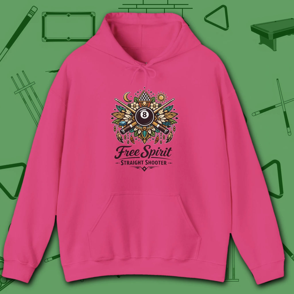 Free Spirit Billiards Hoodie, in Heliconia color, pool hoodie, front view