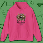 Free Spirit Billiards Hoodie, in Heliconia color, pool hoodie, front view