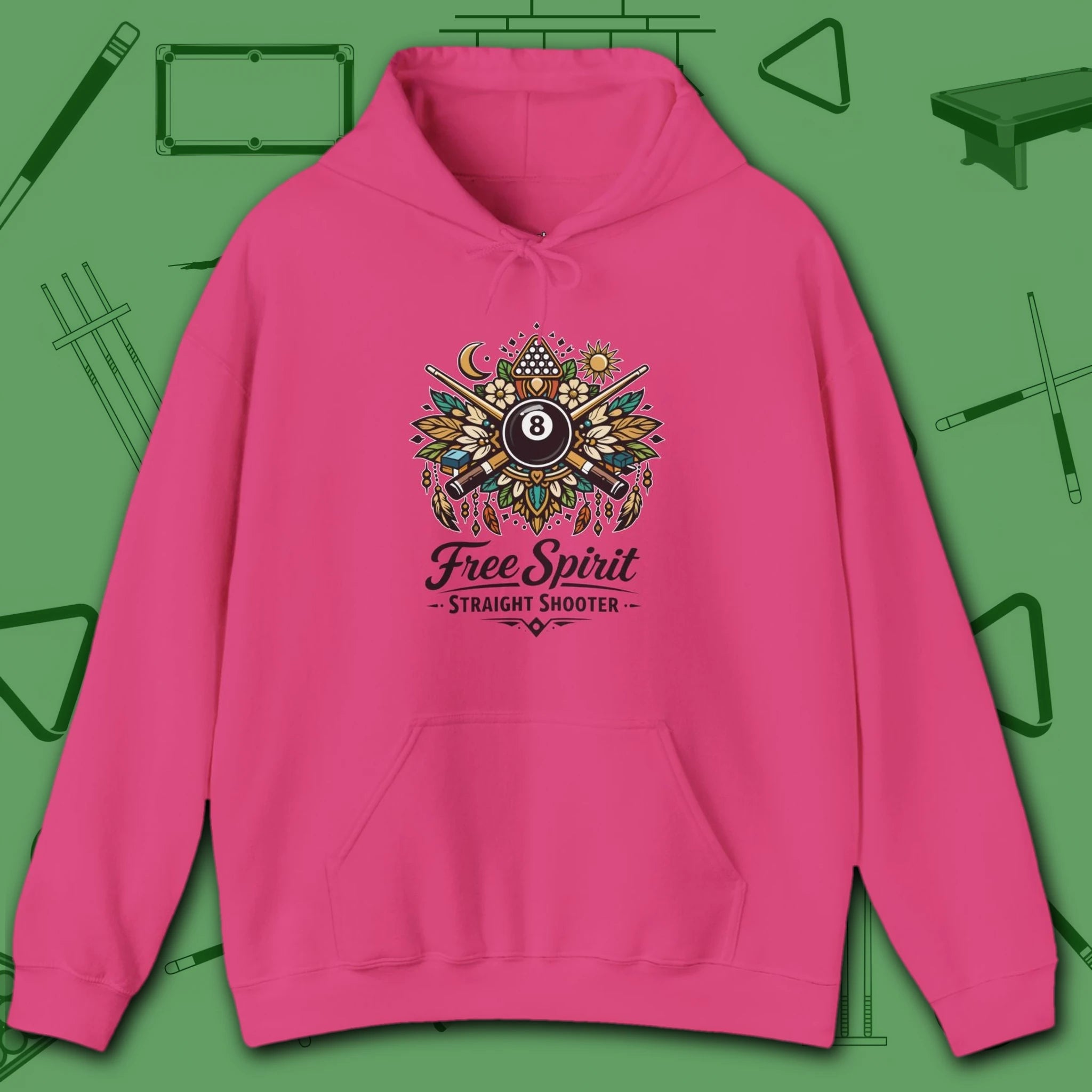 Free Spirit Billiards Hoodie, in Heliconia color, pool hoodie, front view
