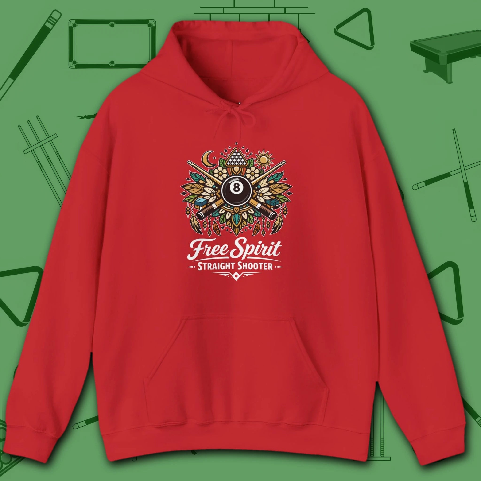 Free Spirit Billiards Hoodie, in Red color, pool hoodie, front view