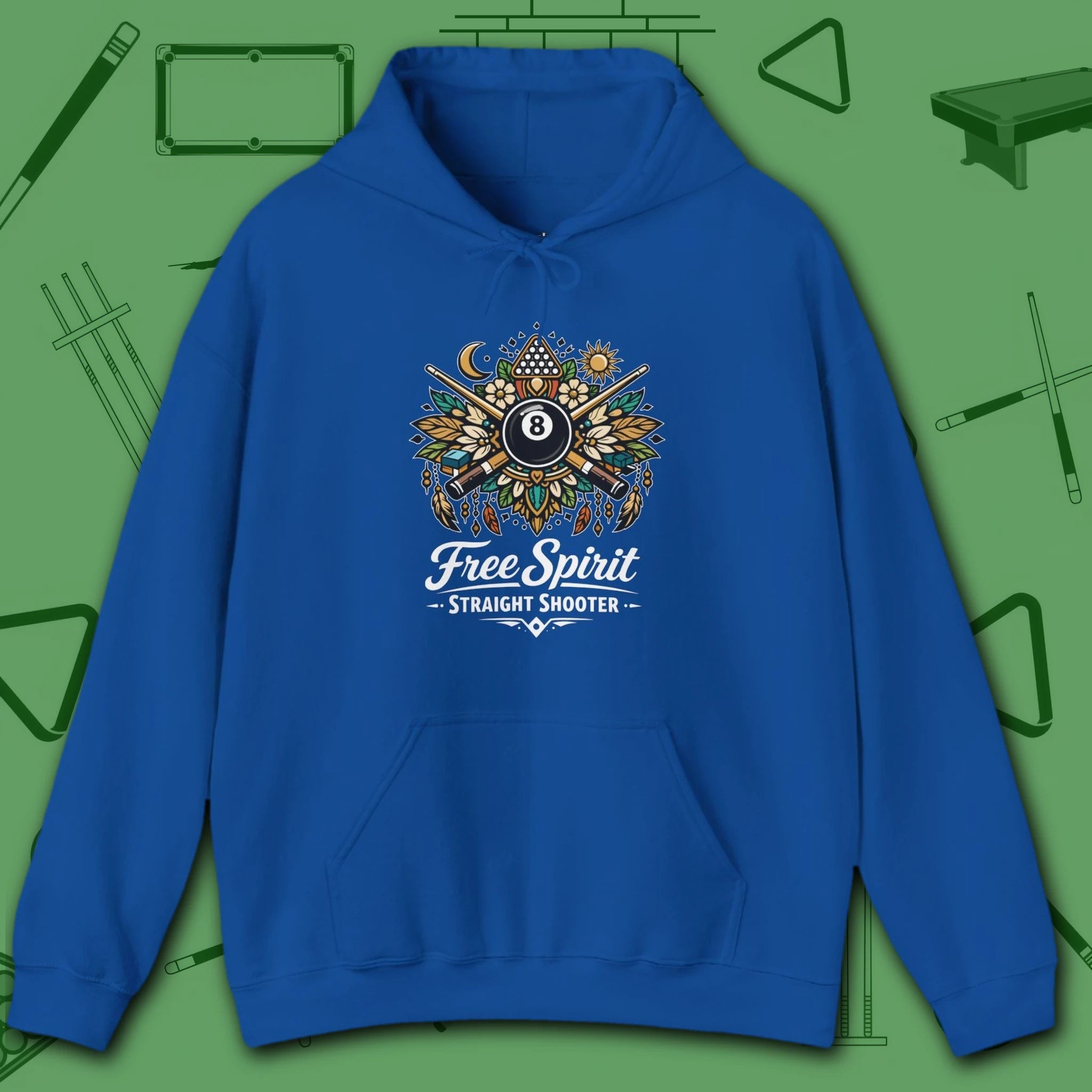 Free Spirit Billiards Hoodie, in Royal color, pool hoodie, front view