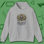 Free Spirit Billiards Hoodie, in Sport Grey color, pool hoodie, front view