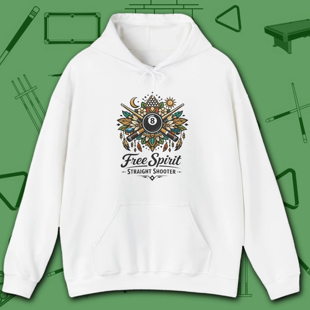 Free Spirit Billiards Hoodie, in White color, pool hoodie, front view