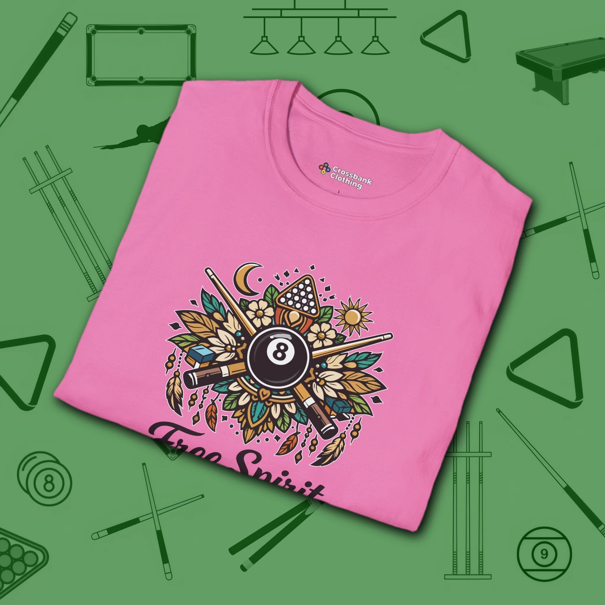 Free Spirit Billiards T-Shirt, in Azalea color, pool shirt, folded view