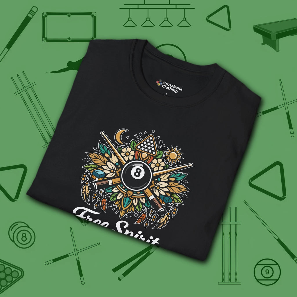 Free Spirit Billiards T-Shirt, in Black color, pool shirt, folded view