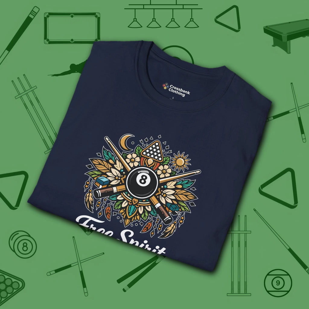 Free Spirit Billiards T-Shirt, in Navy color, pool shirt, folded view