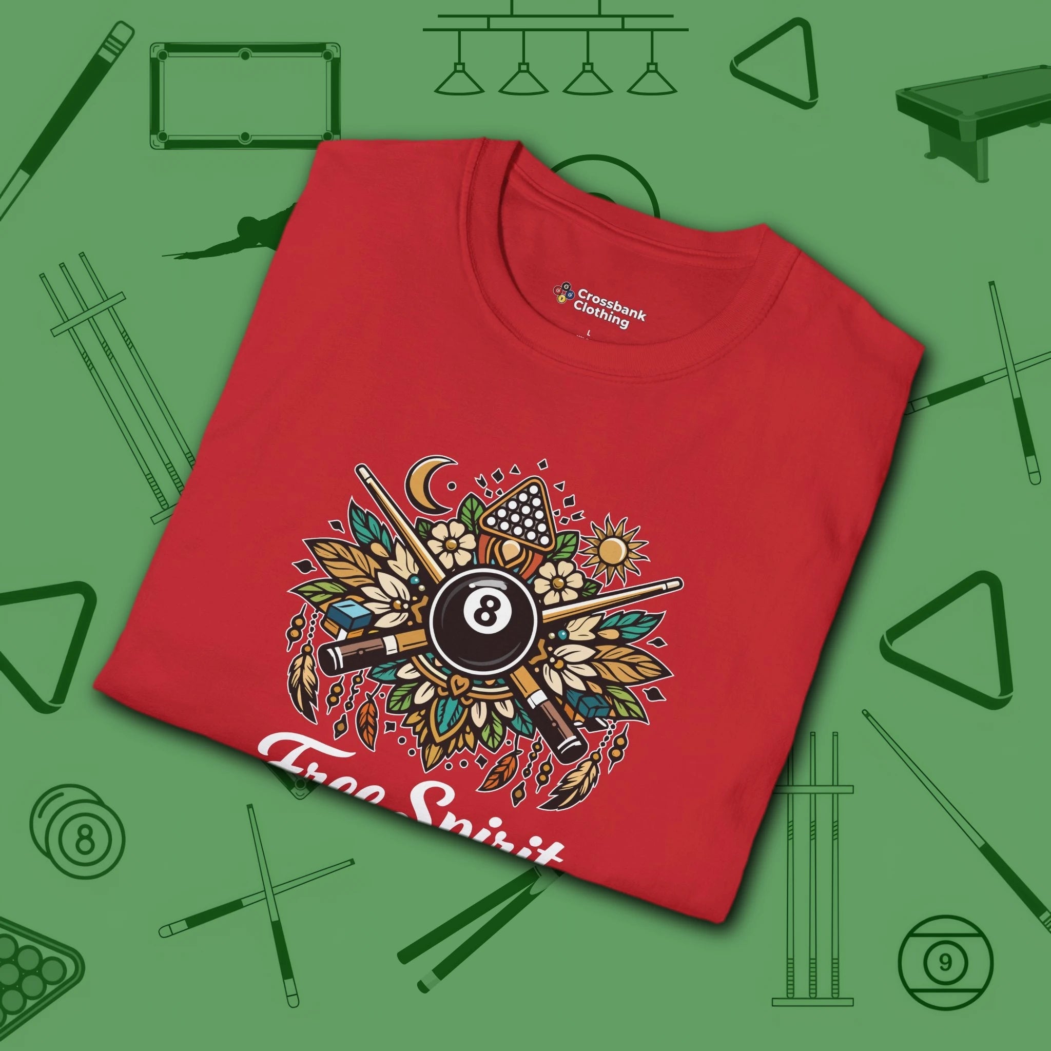 Free Spirit Billiards T-Shirt, in Red color, pool shirt, folded view