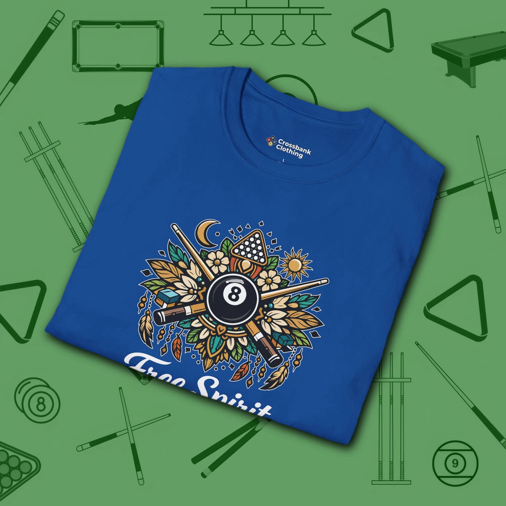Free Spirit Billiards T-Shirt, in Royal color, pool shirt, folded view