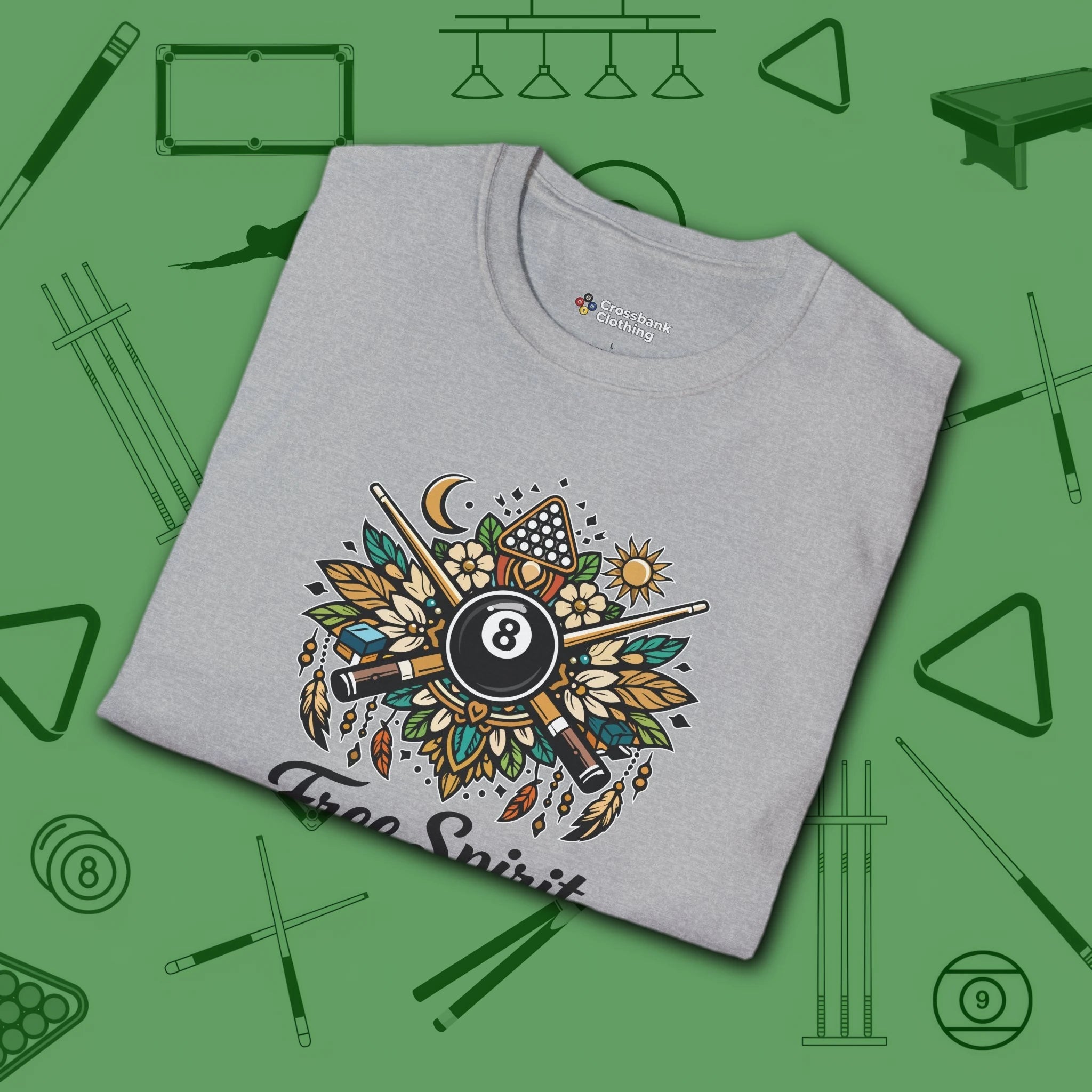 Free Spirit Billiards T-Shirt, in Sport Grey color, pool shirt, folded view