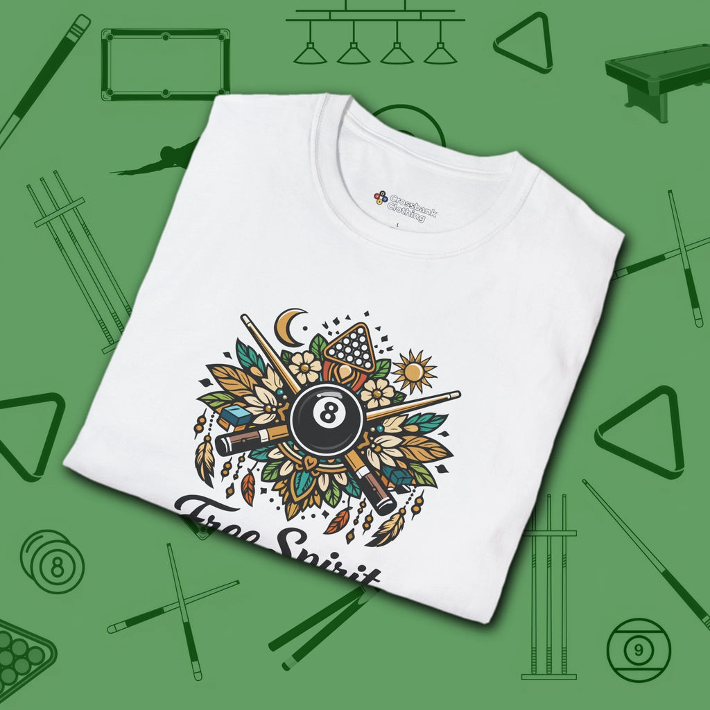 Free Spirit Billiards T-Shirt, in White color, pool shirt, folded view