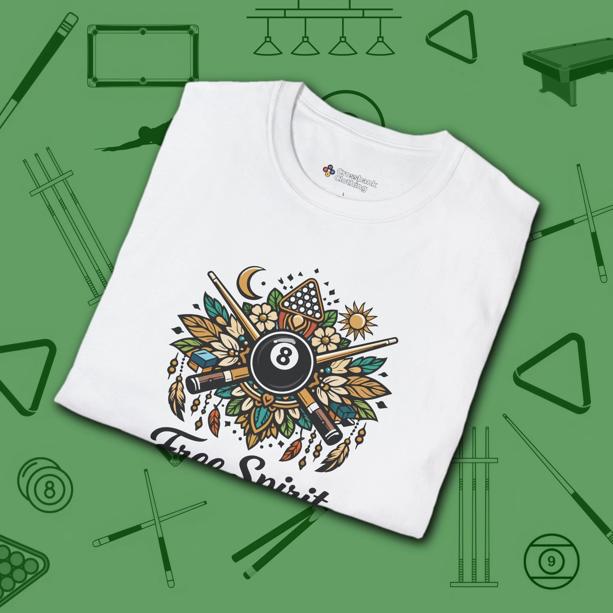 Free Spirit Billiards T-Shirt, in White color, pool shirt, folded view