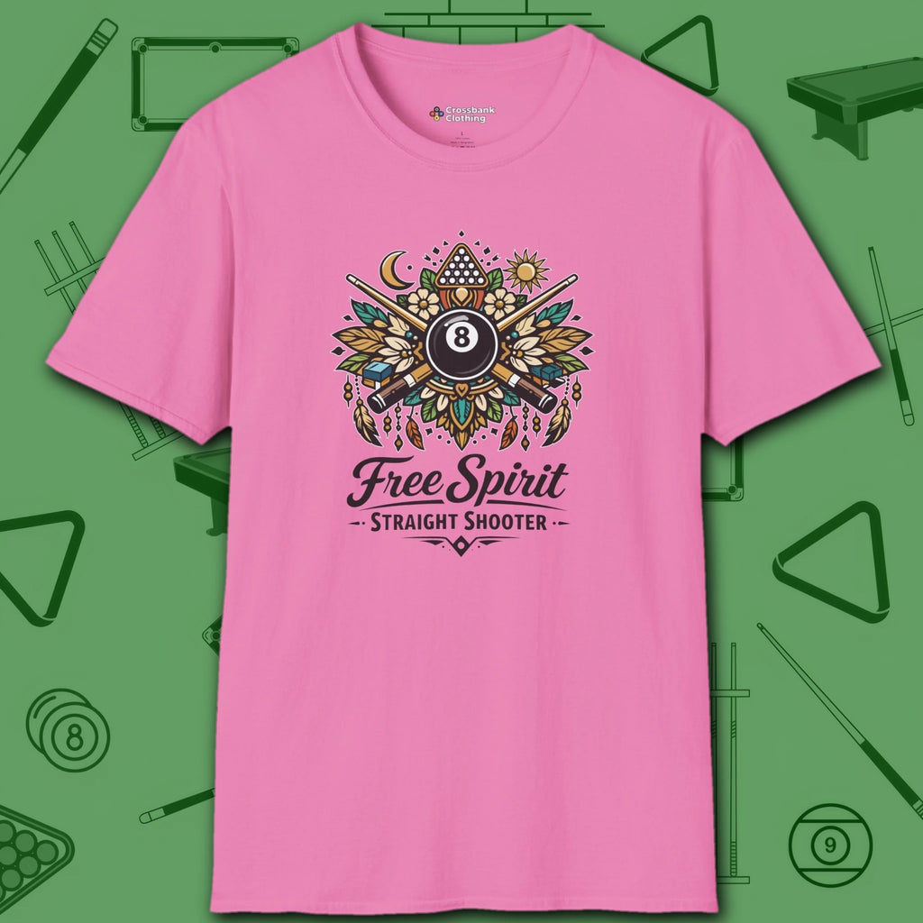 Free Spirit Billiards T-Shirt, in Azalea color, pool shirt, front view