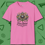 Free Spirit Billiards T-Shirt, in Azalea color, pool shirt, front view