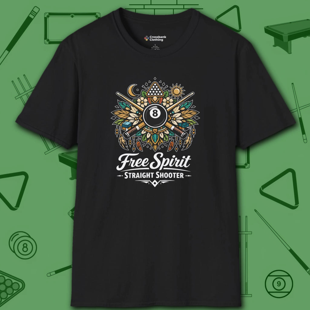 Free Spirit Billiards T-Shirt, in Black color, pool shirt, front view