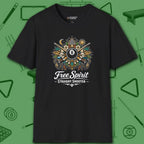 Free Spirit Billiards T-Shirt, in Black color, pool shirt, front view