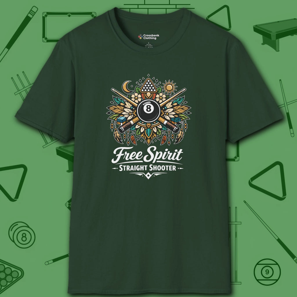 Free Spirit Billiards T-Shirt, in Forest Green color, pool shirt, front view