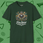 Free Spirit Billiards T-Shirt, in Forest Green color, pool shirt, front view